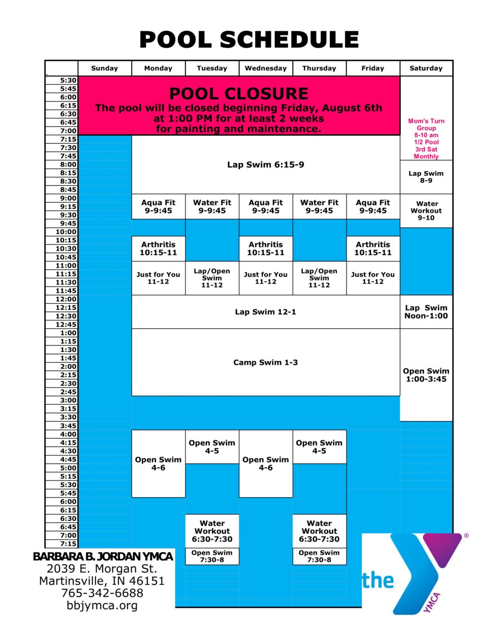 Pool Schedule Barbara B. Jordan YMCA